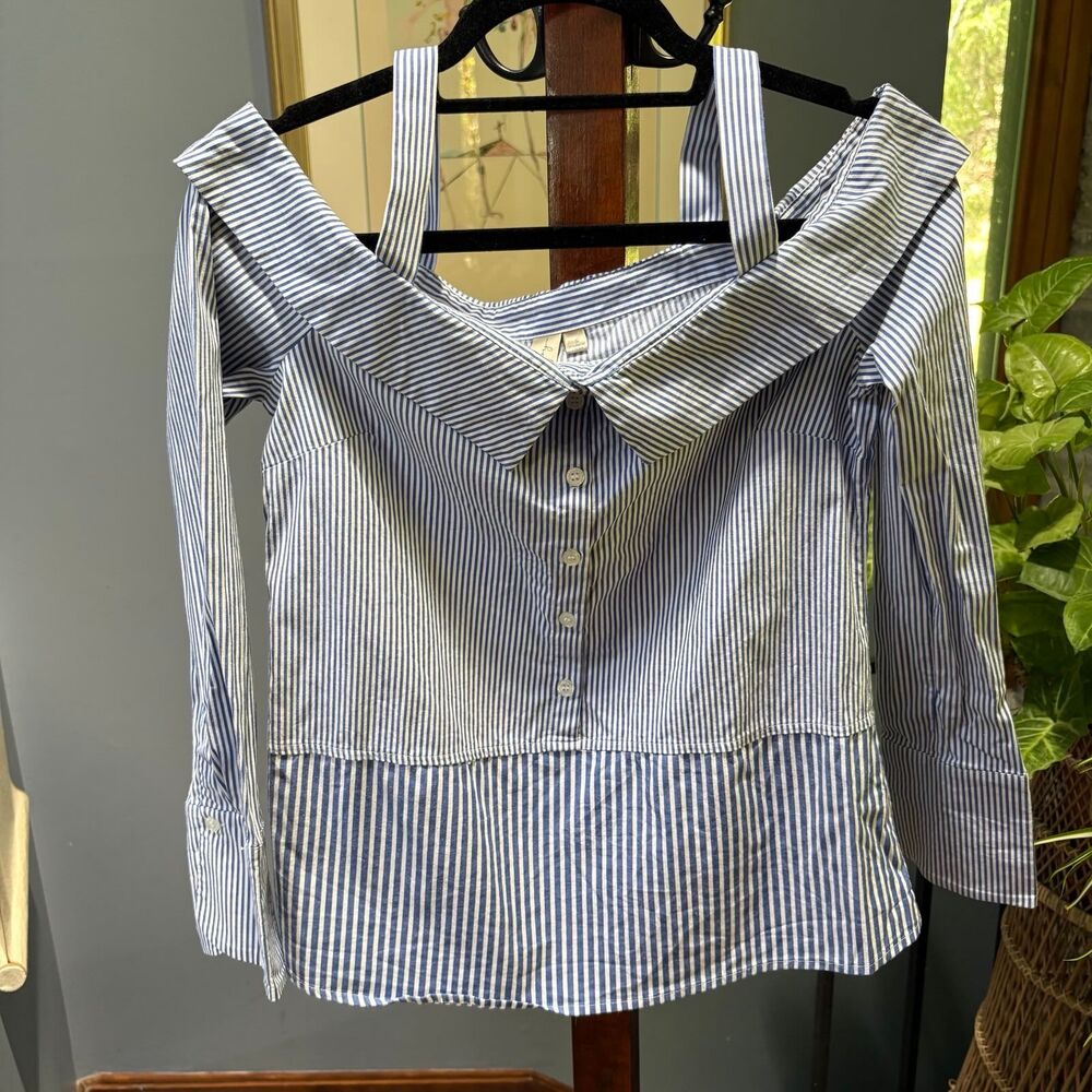 Allison Joy Blue White Striped Off-Shoulder Fitted Work Blouse size Small - Picture 2 of 6
